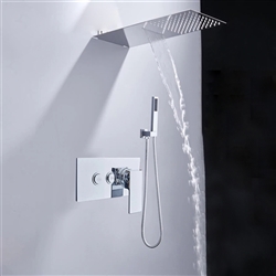 BathSelect Solid Brass Wall Mount Rainfall Shower Head And Shower Mixer With Handheld Shower In Chrome Finish
