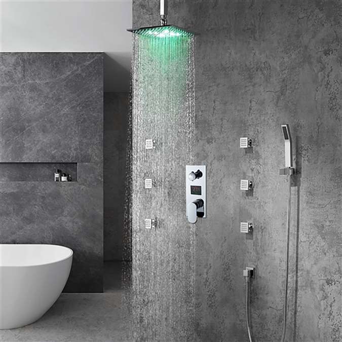 BathSelect Florento Solid Brass Multi Color LED Shower Head And Digital 3 Function Mixer Faucet With 6 Massage Jets In Chrome Finish