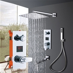 Hotel Riviera Digital Control Wall Mount Square Shower Head And Digital Display 3 Function Mixer Faucet With Handheld Shower In Chrome Finish