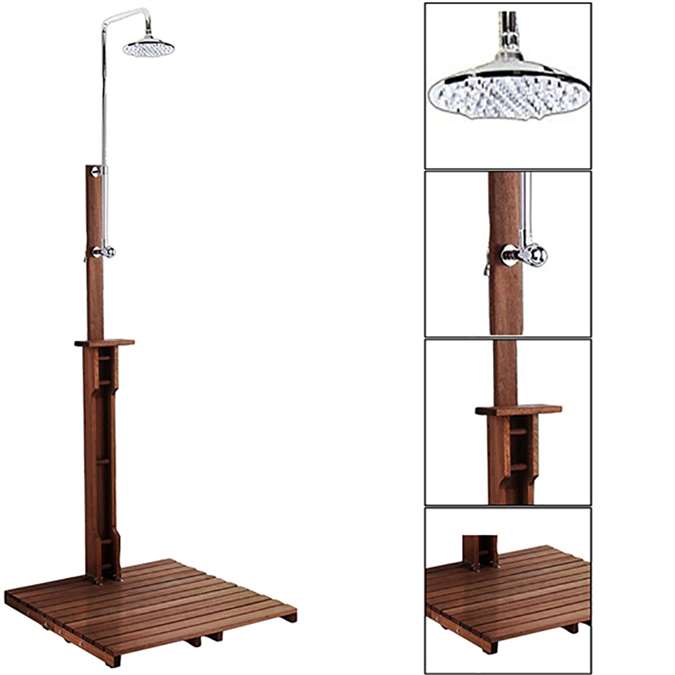 Milano Contemporary Freestanding Stainless Steel Outdoor Shower With Wooden Base