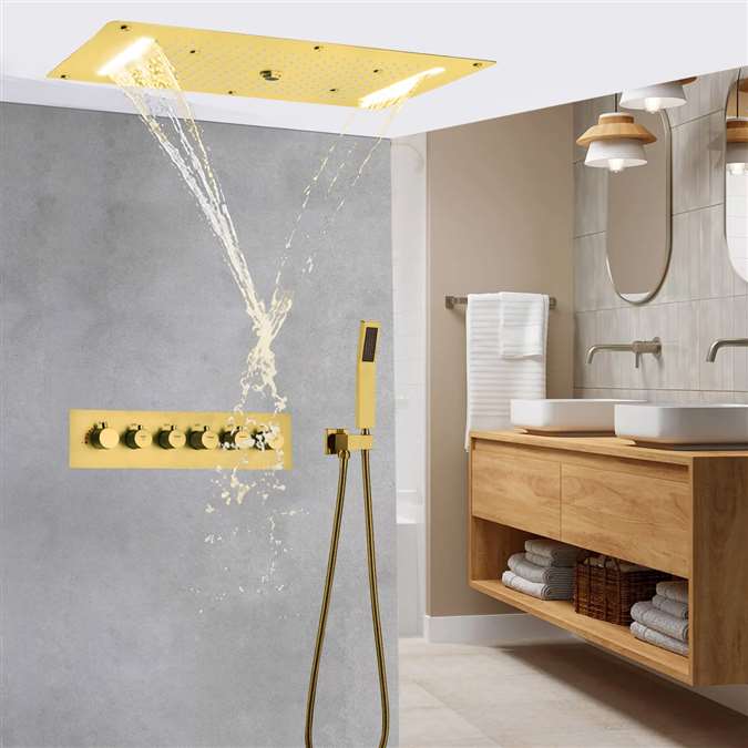Millo Solid Brass Multi Color LED Rain And Waterfall Shower Head With Handheld Shower And Water Mixer In Gold Finish