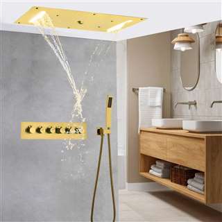 Millo Hotel Solid Brass Multi Color LED Rain And Waterfall Shower Head With Handheld Shower And Water Mixer In Gold Finish