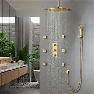 BathSelect Lima Thermostatic Shower Set With Rainfall Shower Head And 6 Pieces SPA massage Jets With 3 Way Mixer Faucet In Gold Finish