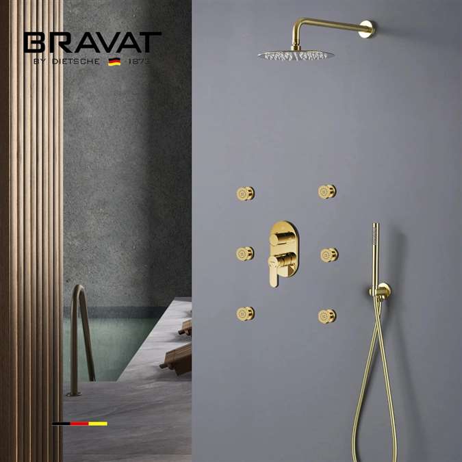 Bravat Thermostatic Shower Set With Rainfall Shower Head And 6 Pieces SPA massage Jets With 3 Way Mixer Faucet In Gold Finish
