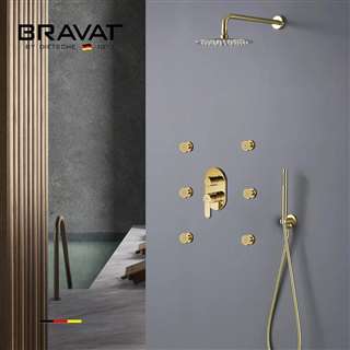 Bravat Hotel Thermostatic Shower Set With Rainfall Shower Head And 6 Pieces SPA massage Jets With 3 Way Mixer Faucet In Gold Finish