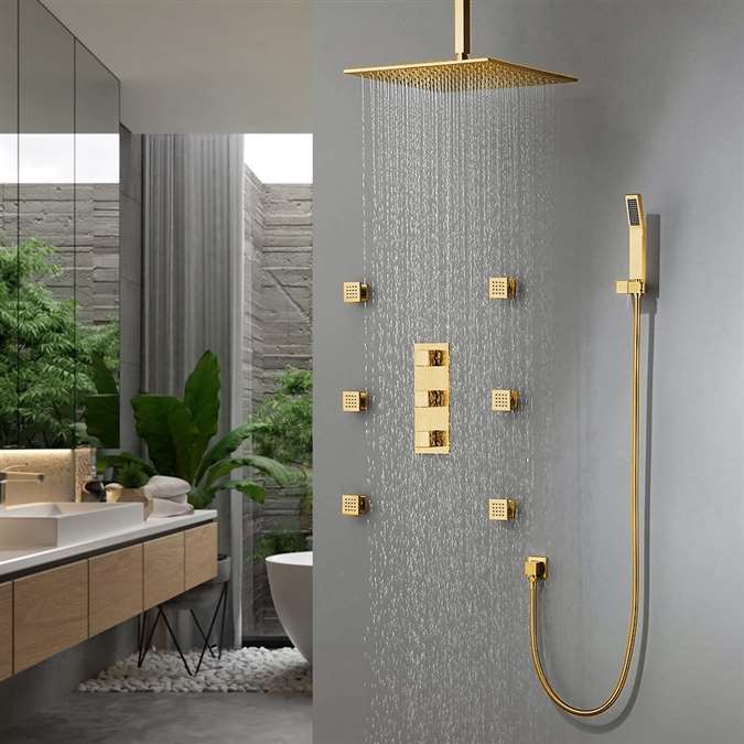 BathSelect Lima HotelThermostatic Shower Set With Rainfall Shower Head And 6 Pieces SPA massage Jets With 3 Way Mixer Faucet In Gold Finish