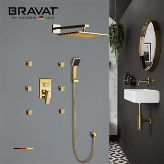 Bravat Hotel Thermostatic Shower Set With Rainfall Shower Head And 6 Pieces SPA massage Jets With 3 Way Mixer Faucet In Gold Finish