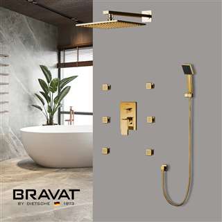 Bravat Thermostatic Shower Set With Rainfall Shower Head And 6 Pieces SPA massage Jets With 3 Way Mixer Faucet In Gold Finish