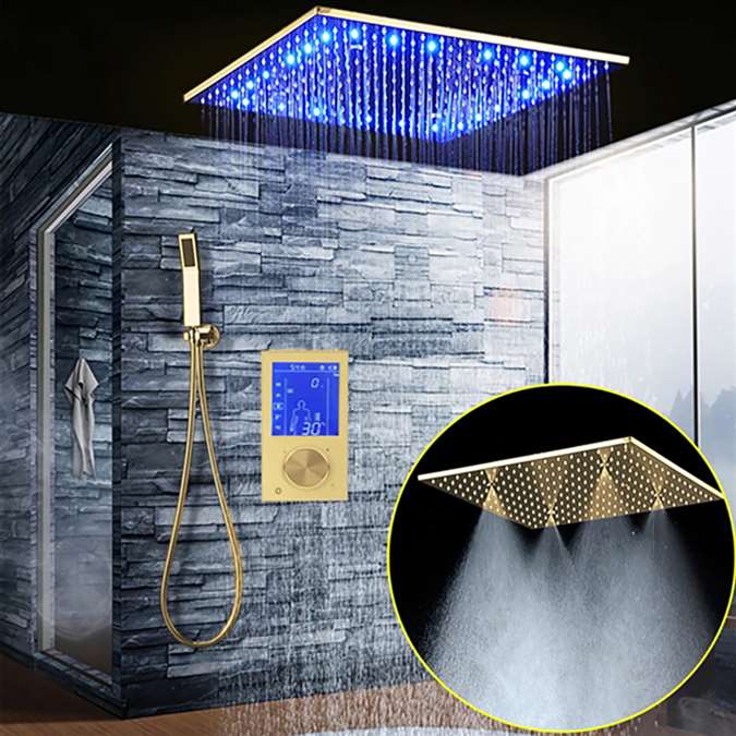 Denver Solid Brass Multi Color LED Rainfall Shower Head With Handheld Shower And SPA Fog Thermostatic Mixer Valve Shower Set In Gold