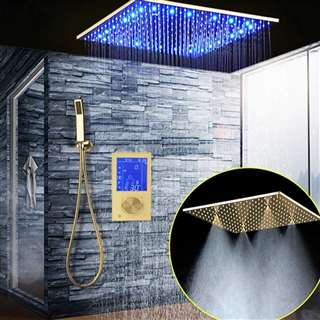 BathSelect Hotel Ultra Design Solid Brass Multi Color LED Rainfall Shower Head With Handheld Shower And SPA Fog Thermostatic Mixer Valve Shower Set In Gold