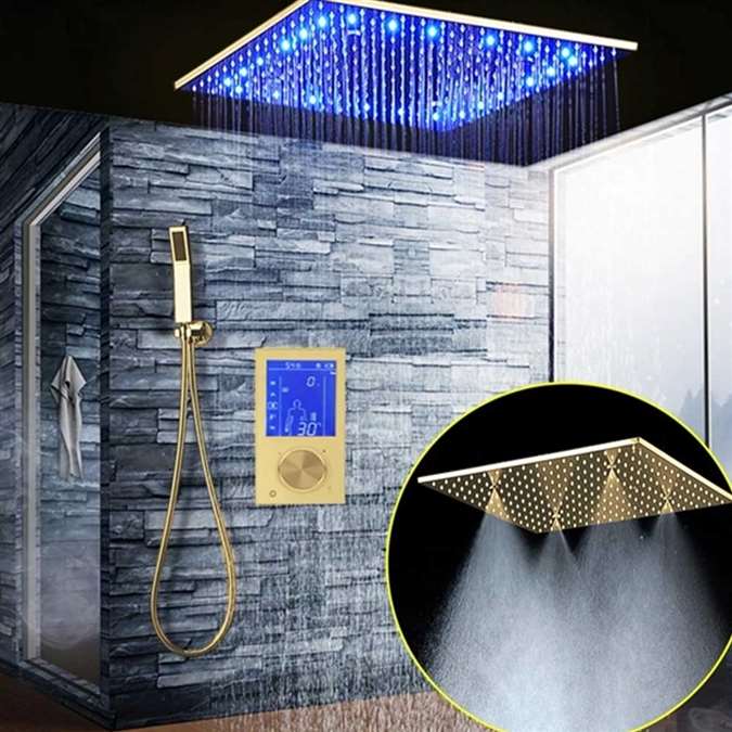 BathSelect Hotel Ultra Design Solid Brass Multi Color LED Rainfall Shower Head With Handheld Shower And SPA Fog Thermostatic Mixer Valve Shower Set In Gold