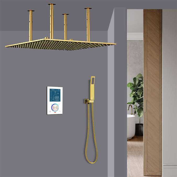 Denver Solid Brass Rainfall Shower Head With Handheld Shower And SPA Fog Thermostatic Mixer Valve Shower Set In Gold