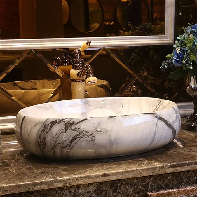 Buy BathSelect European Style Oval Shaped Deck Mount Black And White Marble Sink With Attached Vintage Faucet