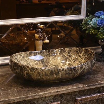 Hospitality BathSelect European Style Boat Shaped Deck Mount Black And Cream Marble Sink With Attached Vintage Faucet