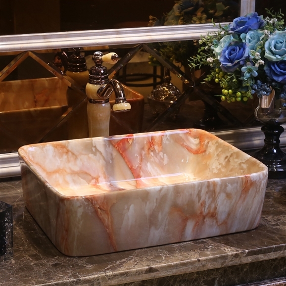 BathSelect European Style Rectangular Shaped Deck Mount Marble Sink With Freestanding Vintage Faucet.