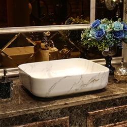 BathSelect European Style Rectangular Shaped Deck Mount White Marble Sink With Freestanding Vintage Faucet.