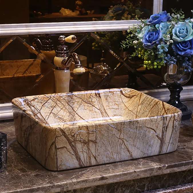 BathSelect European Style Rectangular Shaped Deck Mount Brown Marble Sink With Freestanding Vintage Faucet.