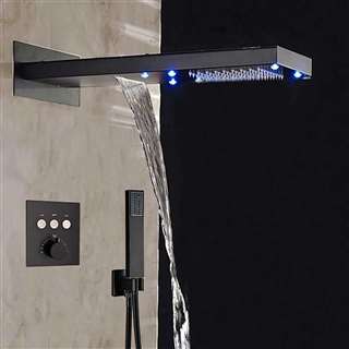 BathSelect Solid Brass Multi Color LED Rain And Waterfall Shower Head With Thermostatic Mixer Valve And Handheld Shower In Matte Black Finish