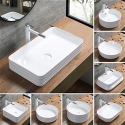 BathSelect Square Shaped Ceramic Deck Mount Sink With Horizontal Lines Over It In Pure White Finish
