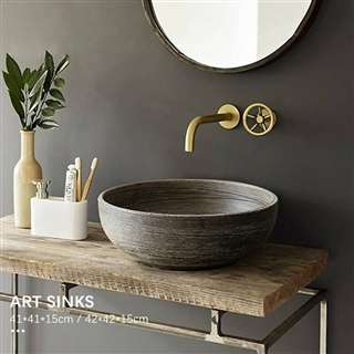 BathSelect Greenville Round Shaped Deck Mount Ceramic Vessel Sink In Stone Wooden Finish With Smooth Inner Surface