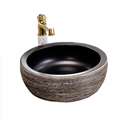 BathSelect Greenville Round Shaped Deck Mount Ceramic Vessel Sink In Stone Wooden Finish With Smooth Inner Surface