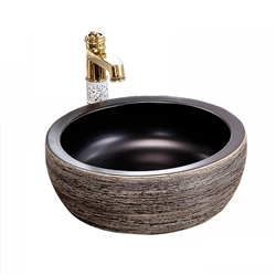 BathSelect Greenville Round Shaped Deck Mount Ceramic Vessel Sink In Stone Wooden Finish With Smooth Inner Surface