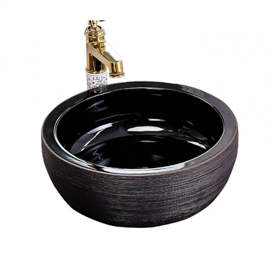 BathSelect Greenville Round Shaped Deck Mount Ceramic Vessel Sink In Stone Black Finish With Smooth Inner Surface