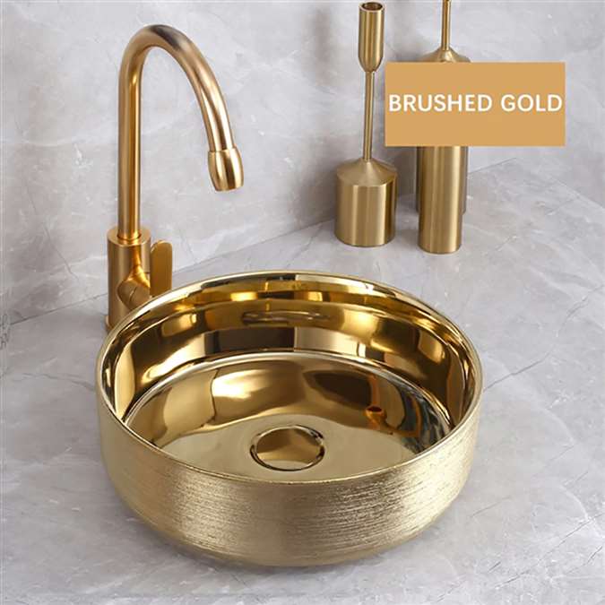 BathSelect Solid Brass Round Shaped Deck Mount Antique Sink In Brushed Gold Finish