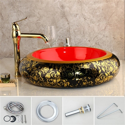 BathSelect European Style Ceramic Lavabo In Black And Gold Floral Design With Freestanding Gold Faucet
