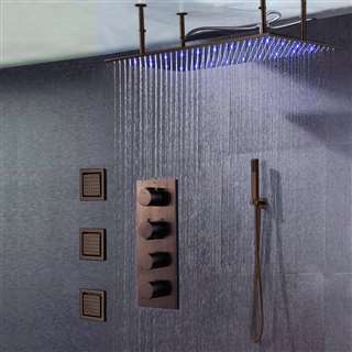 BathSelect Solid Brass Multi Color LED Rainfall Shower Head With Handheld Shower And Thermostatic Mixer In Light Oil Rubbed Bronze Finish