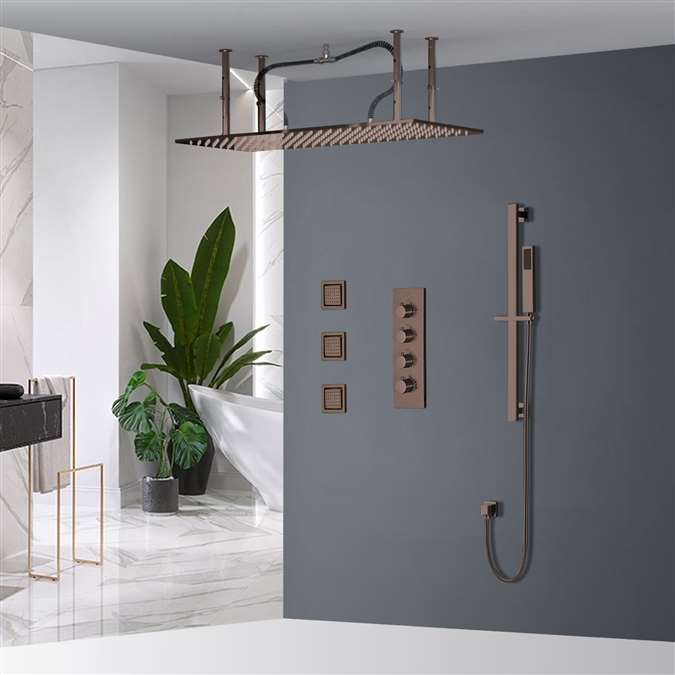 BathSelect Solid Brass Rainfall Shower Head With Handheld Shower And Thermostatic Mixer In Light Oil Rubbed Bronze Finish