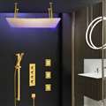 BathSelect Solid Brass Multi Color LED Rainfall Shower Head With Handheld Shower And Thermostatic Mixer In Gold Finish