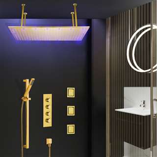 BathSelect Solid Brass Multi Color LED Rainfall Shower Head With Handheld Shower And Thermostatic Mixer In Gold Finish