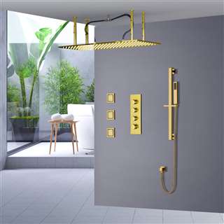 BathSelect Solid Brass Rainfall Shower Head With Handheld Shower And Thermostatic Mixer In Gold Finish