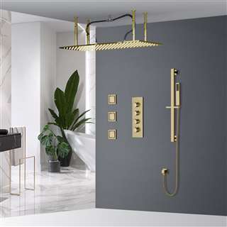 BathSelect Solid Brass Rainfall Shower Head With Handheld Shower And Thermostatic Mixer In Brushed Gold Finish