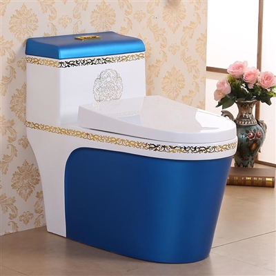 Vermont European Style Floor Mounted Lavatory in Ceramic White and Blue Finish with Gold Lining Design