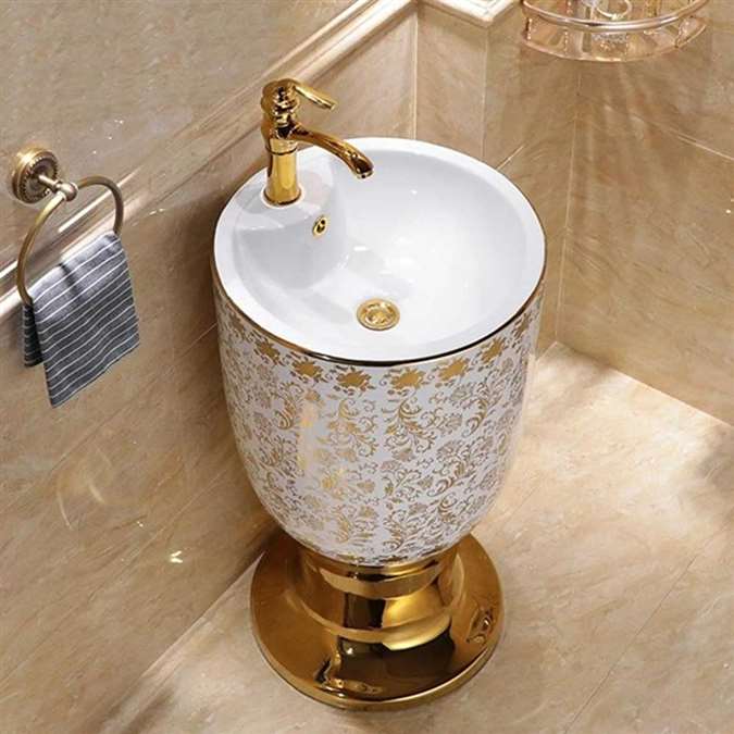 Hotel Georgia Round Freestanding Sink With Faucet In White And Gold