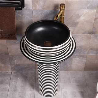 Hotel Crimea Ceramic Pedestal With Sink Bowl In Monochrome Ring Design With Attached Brass Faucet