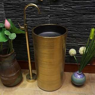 Ohio Hotel Freestanding Pedestal Cylinder Ceramic Wash Bathroom Sink with Faucet in Gold Finish