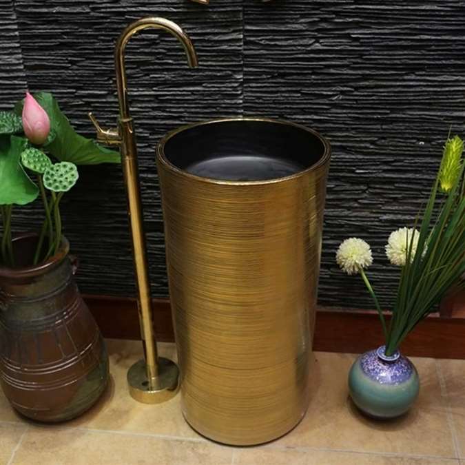 Ohio Hotel Freestanding Pedestal Cylinder Ceramic Wash Bathroom Sink with Faucet in Gold Finish