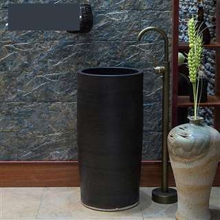 Greenville Hotel Freestanding Pedestal Cylinder Ceramic Wash Bathroom Sink with Faucet in Black Finish