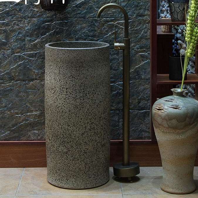 Greenville Hotel Freestanding Pedestal Cylinder Ceramic Wash Bathroom Sink with Faucet in Gray Stone Finish