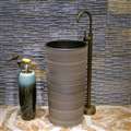 Greenville Hotel Freestanding Pedestal Cylinder Ceramic Wash Bathroom Sink with Faucet in Smooth Wood Stripe Finish