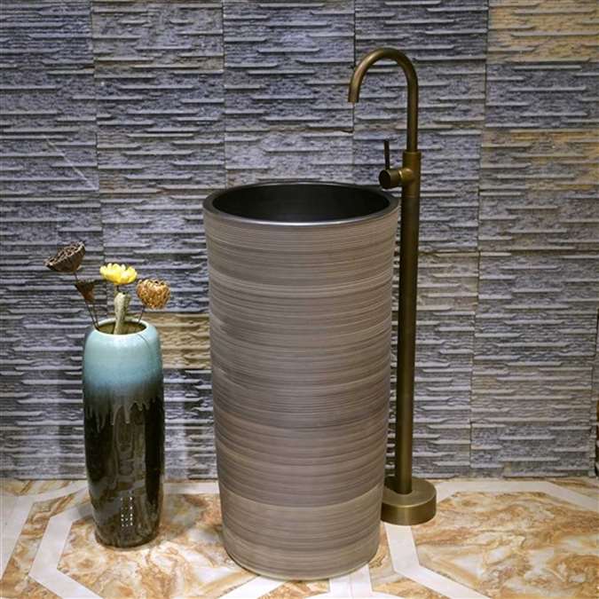 Greenville Hotel Freestanding Pedestal Cylinder Ceramic Wash Bathroom Sink with Faucet in Smooth Wood Stripe Finish