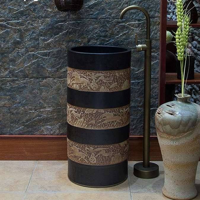 Greenville Hotel Freestanding Pedestal Cylinder Ceramic Wash Bathroom Sink with Faucet in Black and Brown Finish with Engraved Art Design