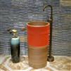 Greenville Freestanding Pedestal Cylinder Ceramic Wash Bathroom Sink with Faucet in Wooden and Orange Finish