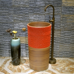 Greenville Freestanding Pedestal Cylinder Ceramic Wash Bathroom Sink with Faucet in Wooden and Orange Finish