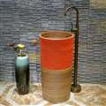 Greenville Hotel Freestanding Pedestal Cylinder Ceramic Wash Bathroom Sink with Faucet in Wooden and Orange Finish