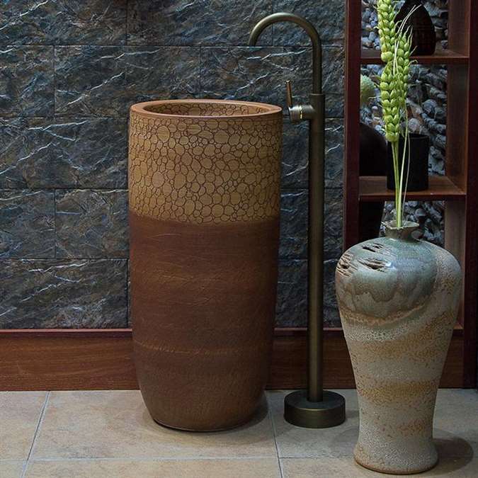 Greenville Freestanding Pedestal Cylinder Ceramic Wash Bathroom Sink with Faucet in Crackle Brown Wood Finish