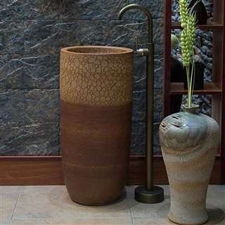 Greenville Hotel Freestanding Pedestal Cylinder Ceramic Wash Bathroom Sink with Faucet in Crackle Brown Wood Finish